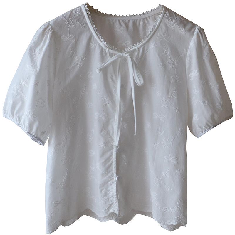 Корейская кружевная жаккардовая рубашка с рукавами-пузырями и завязками для женщин - Коллекция Лето 2025