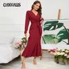 Women's Spring and Autumn V-neck Long-sleeved Slim Temperament Fishtail Dress Knitted Long Dress