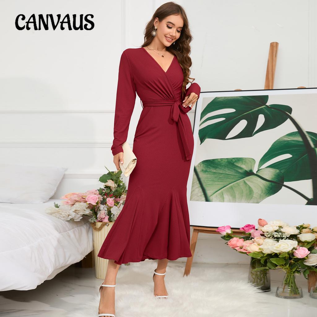 Women's Spring and Autumn V-neck Long-sleeved Slim Temperament Fishtail Dress Knitted Long Dress