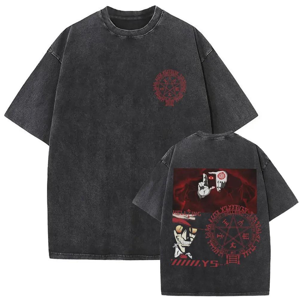 Hot Sale Anime Hellsing Abraham Van Helsing Vampire Alucard Print Tshirt Men Women Vintage Washed Cotton Summer Tee Oversize Top