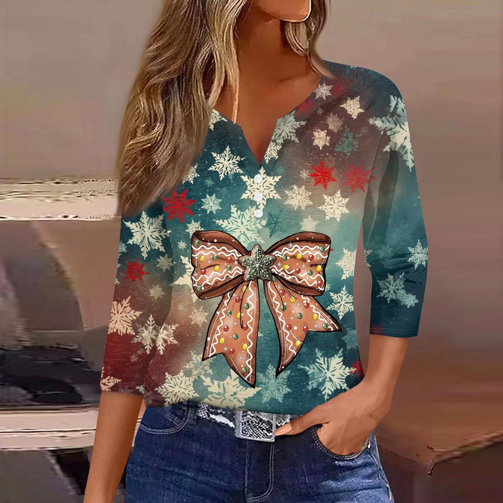 Женская рубашка с рукавом семь дюймов, напечатанная в стиле ретро, повседневная, свободная, с V-образным вырезом, рождественская