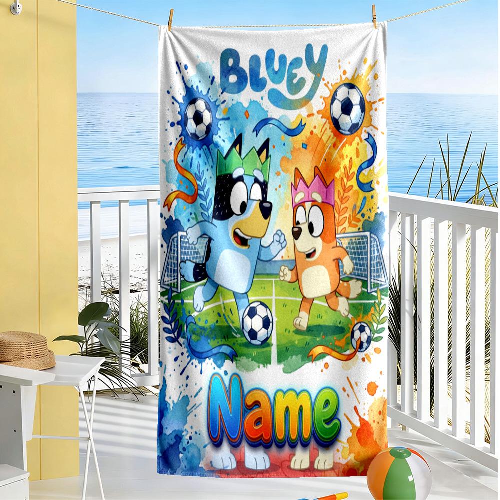 Soccer Fun Bluey Personalized Name Beach Towel Super Soft & Absorbent Ideal for Travel Outdoor Swim Pool Yoga Surf Camping Hiking Gym Gift Holiday