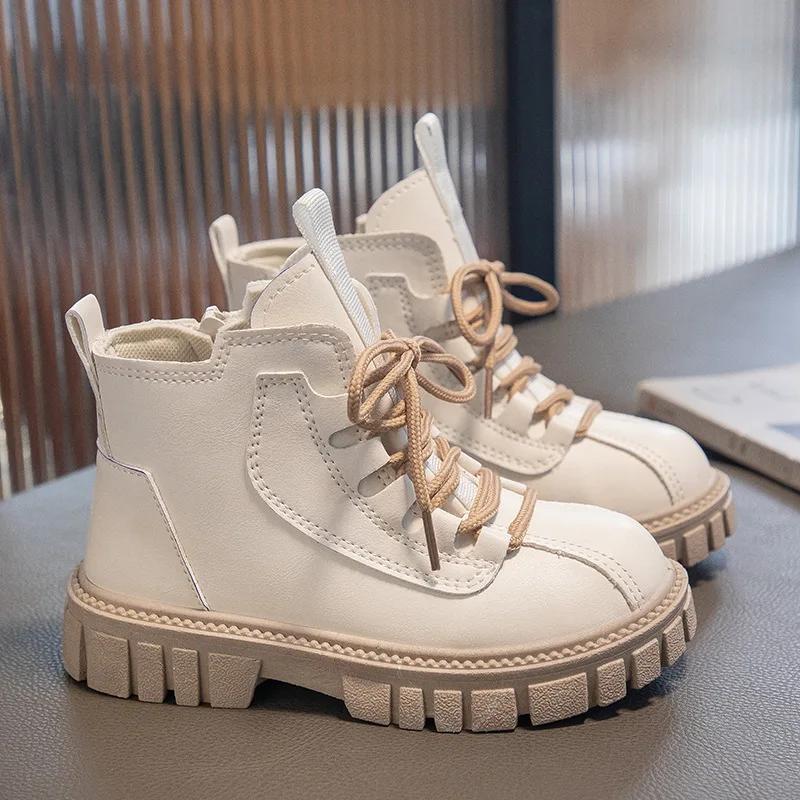 Модные новые детские модные короткие ботинки осенние нескользящие ботинки для мальчиков и девочек британская платформа шнуровка однотонные детские повседневные туфли