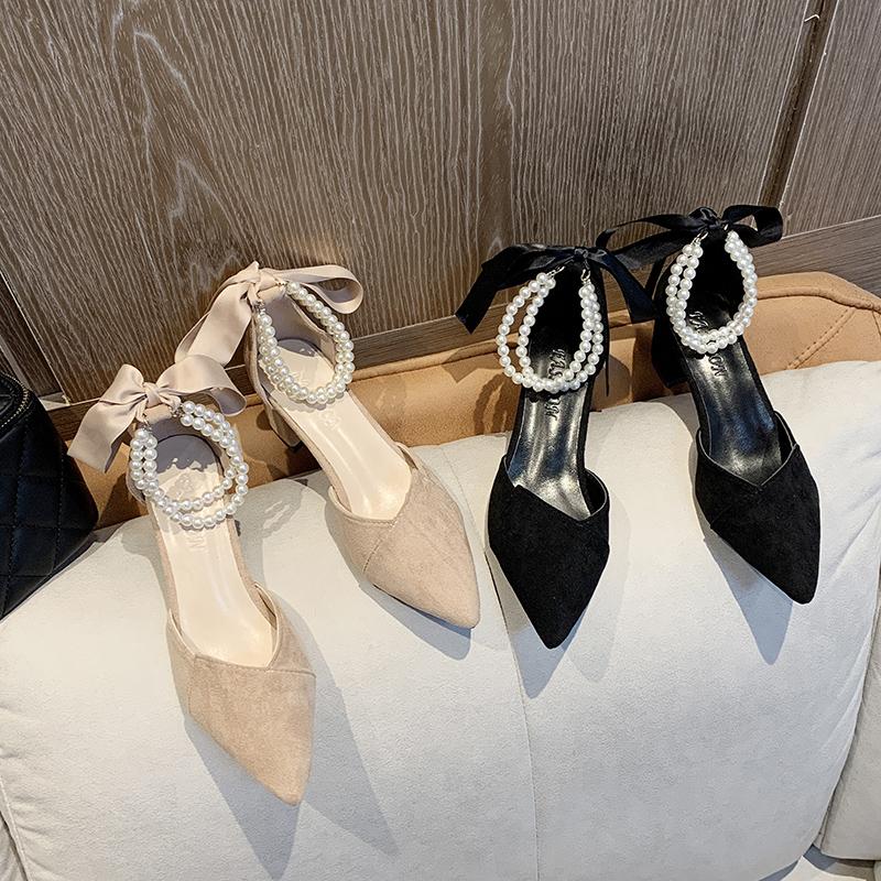Fashion 2025 Summer New Women Hihg Heels Simple Low Heels Pointed Toe Shoes Women Fashion Footwear Ladies Fashionable Pearl Women Shoes
