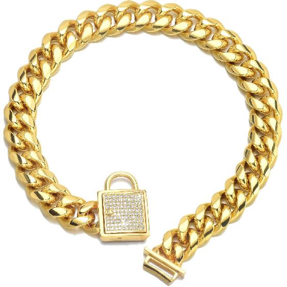 Designer Dog Collar Gold Metal Stainless Steel with Zirconia Lock 14mm 18K Gold Big Dog Luxury Training Collar Cuban Lock Link Necklace Chain(10