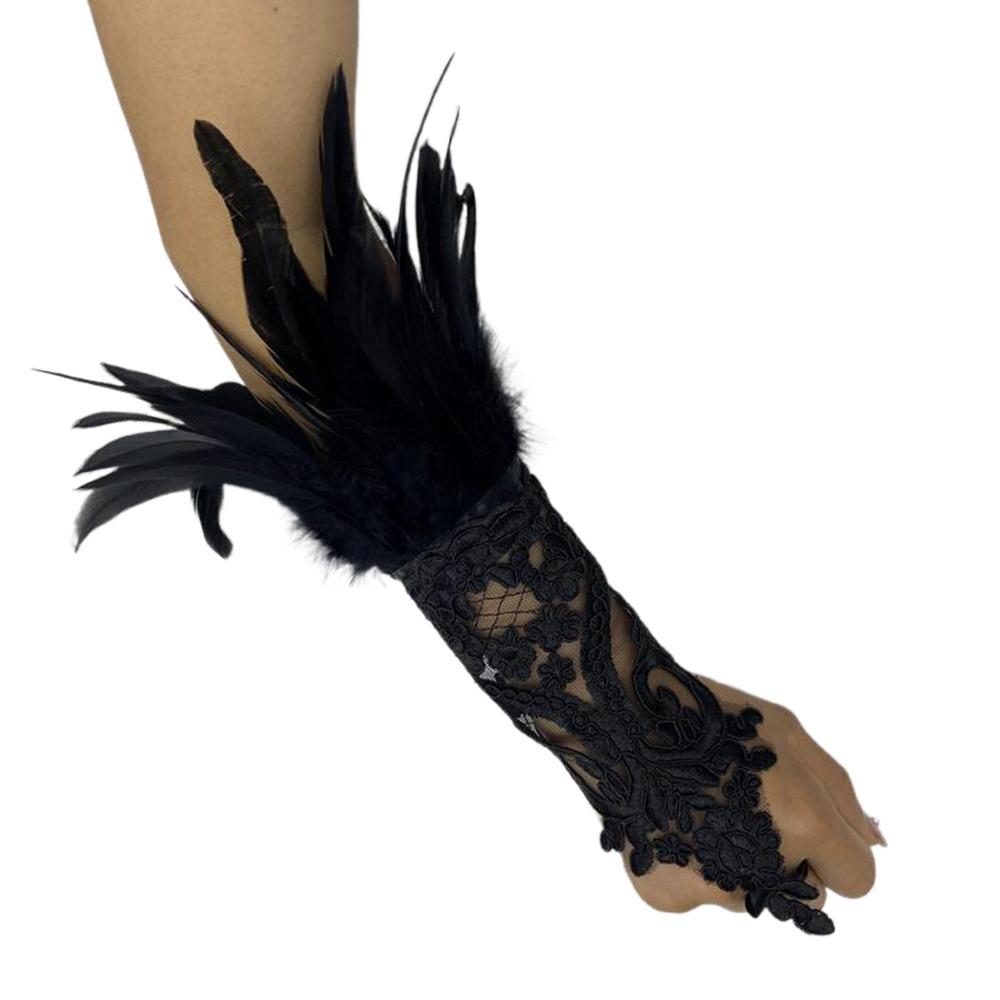 1PC Embroidery Feather Long Gloves White Black Female Mittens Wedding Gloves Party Wear