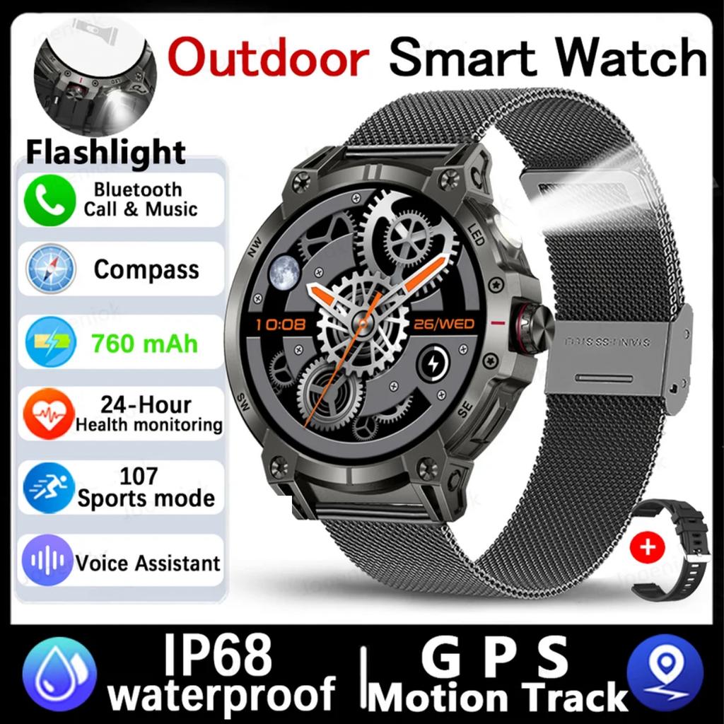 2025 New Outdoor Smart Watch Men 600mAh LED Flashlight SmartWatch Compass Bluetooth call Heart rate IP 68 Sports Smartwatch 5ATM