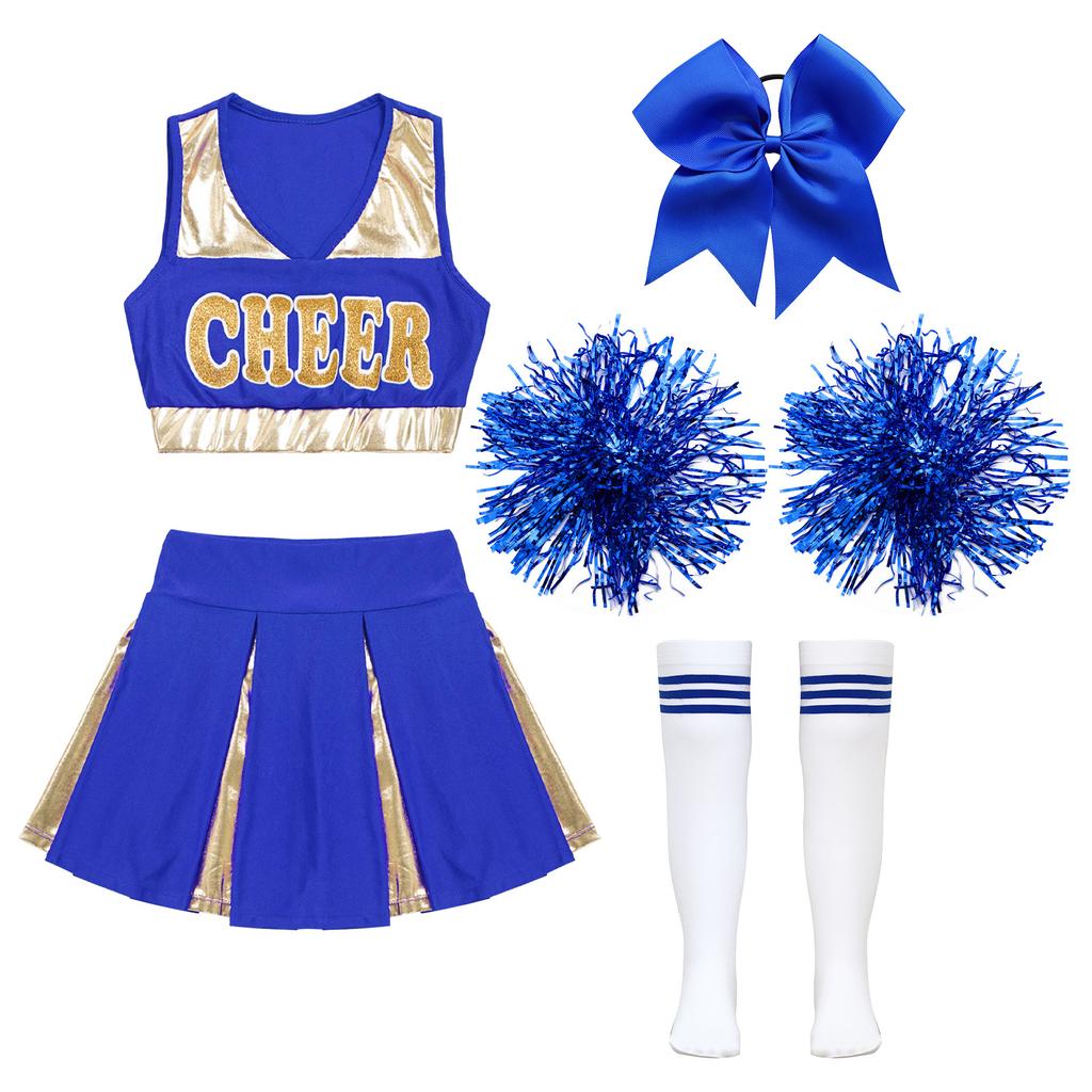 Детский костюм лидера группы поддержки для девочек, наряды для косплея на Хэллоуин, униформа, укороченные топы без рукавов с плиссированными юбками, помпоны, носки с завязками для волос