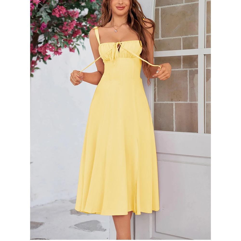 Summer Sweet Solid Sleeveless Long Dress Women Fashion Bandage Camisole Dresses Padded Boned Robe Elegant Party Vestidos