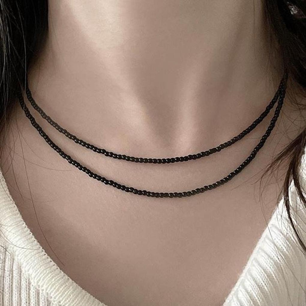 Black Mini Bead Layered Choker Necklace (2 types)
