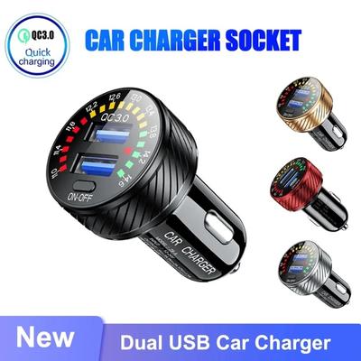 Автомобильное зарядное устройство 12/24 В с двумя USB-портами QC 3.0, водонепроницаемое, 18 Вт, быстрая зарядка, светодиодный вольтметр, выключатель питания, адаптер для автомобильного зарядного устройства
