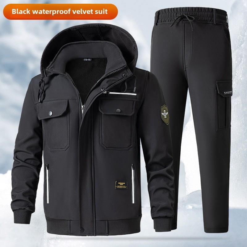 Outdoor Autumn and Winter Plus Velvet Thickened Overalls Suit Men's Cold-proof Warm Jacket Water-repellent