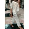 Spring New Lapel Short sleeve Lace Short Top 3254490 High Waist Straight Ankle-length Pants 3278490