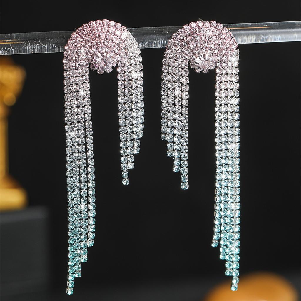 Sparkling Full Diamond Long Tassel Earrings Fashion Temperament Rhinestone Earrings Bridal Earrings Women's Earrings 1 Pair