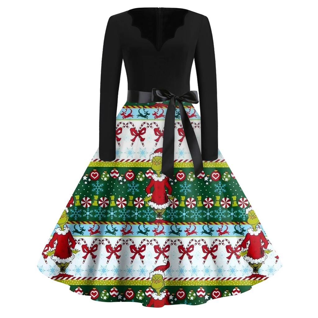 Women's Fashion V-neck Casual Slim-fit Christmas Print Long-sleeved Dress