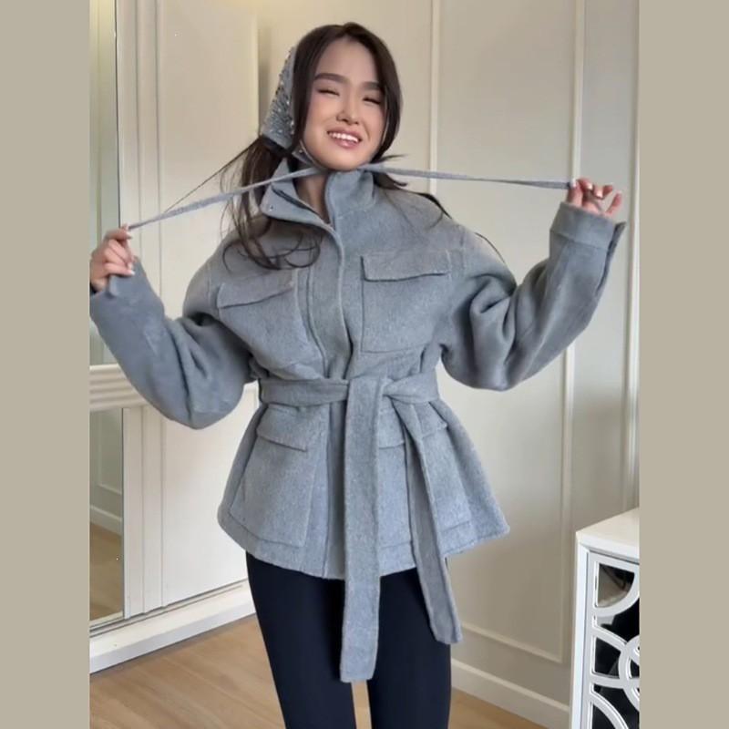 Womens Slim Fit Wool Blend Coat Stand Collar Zip Up Belted Multi Pocket Workwear Fall Winter