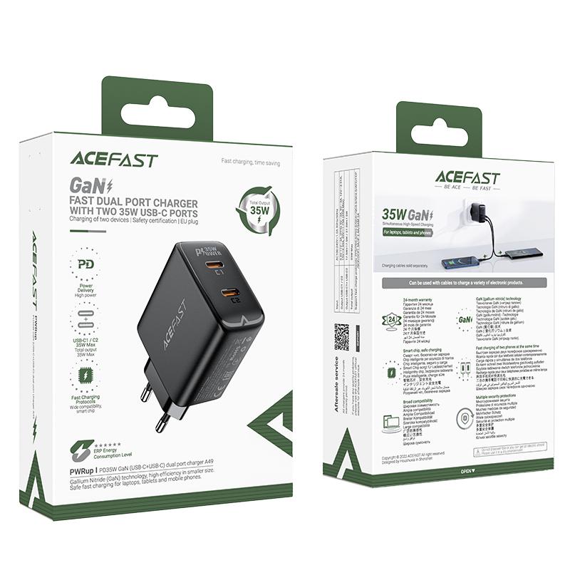 Gan 35W Pd 2X Usb-C Fast Wall Charger For Iphone Samsung Black