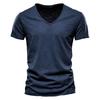 Men's Summer V-Neck T-Shirt - Pure Cotton Slub, Solid Color, Short Sleeve