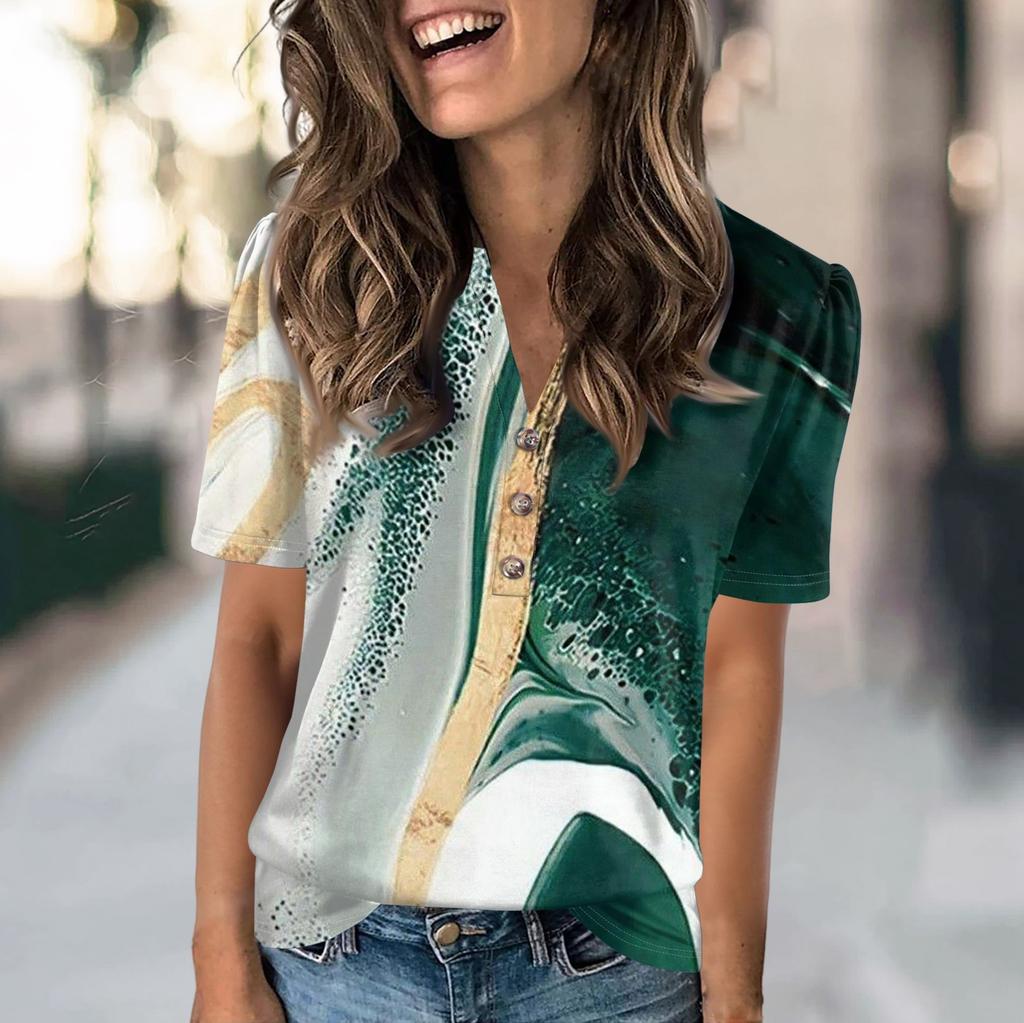 Женская модная повседневная футболка с цветными блоками и принтом в виде V-образного выреза с коротким рукавом и пуговицами