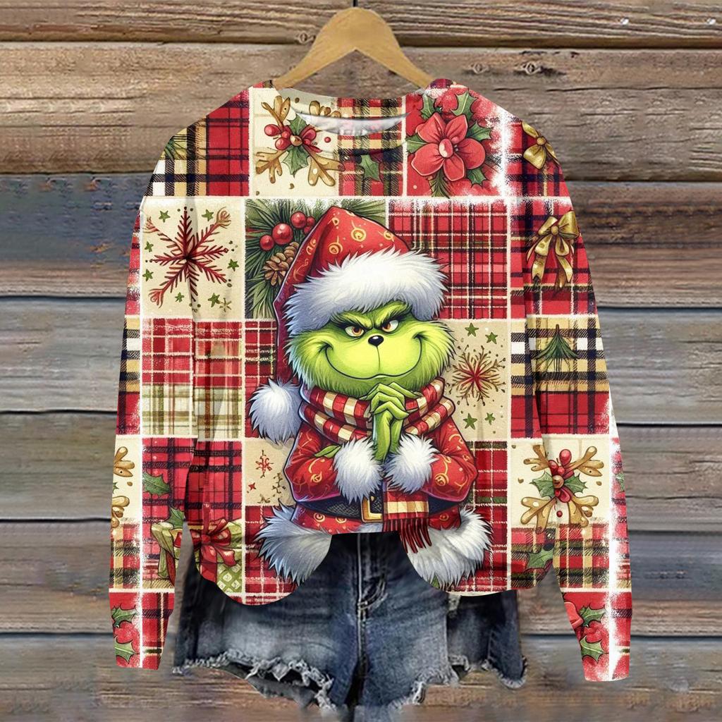 Ladies' Christmas Greentown Print Casual Long Sleeved Round Neck Sports Hoodie Top