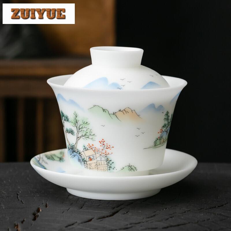 Boutique Ice Jade Porcelain Handmade Covered Bowl Handpainted Frangrant Hills Gaiwan Tea Tureen Tea Brewing Tea Collection Gifts