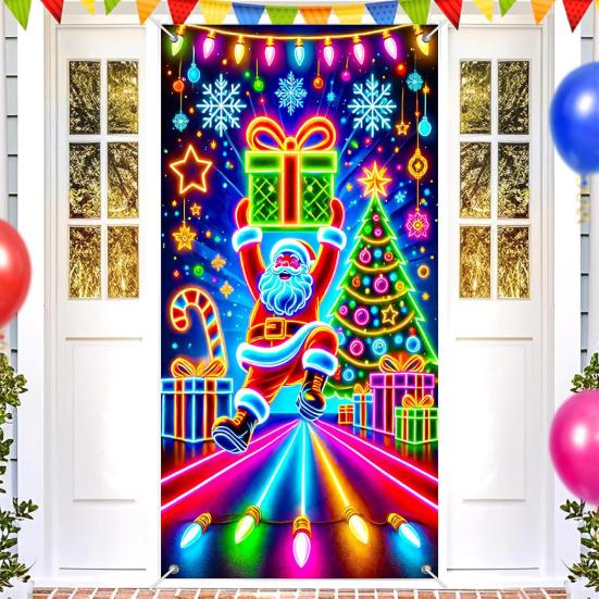 Fluorescent Christmas Door Cover 71x35 Inch Glow In The Dark Door Banner with Santa Tree Gift Box for Winter Front Door Party Wall Decor
