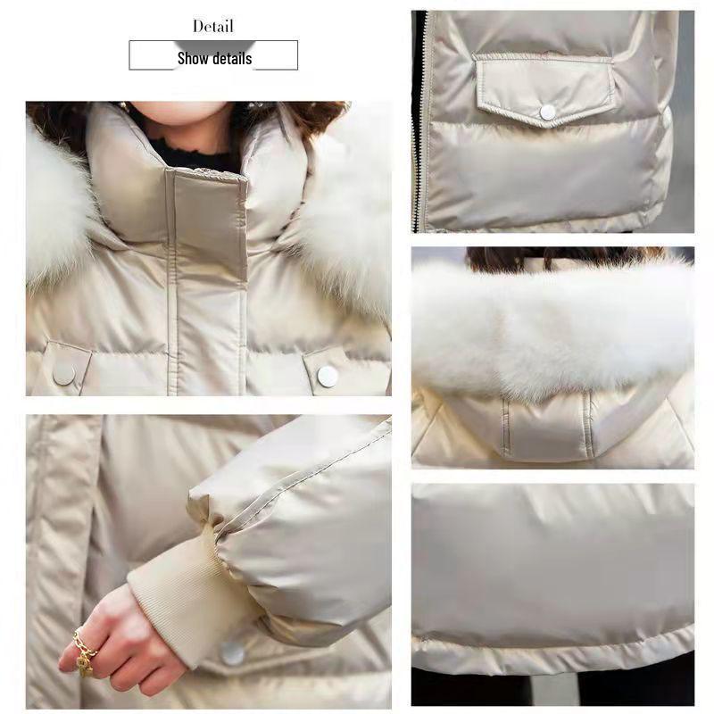 Women's Shiny Down Jacket with Large Fur Collar – Wash-Free, Wipeable, and Thick for Winter