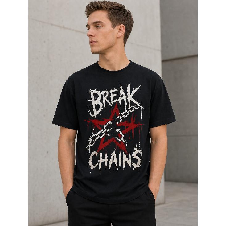 Мужская черная футболка с графическим принтом 'Break Chains' (Сломай цепи), короткие рукава, круглый вырез, свободный крой, мягкая на ощупь хлопковая ткань, дерзкий уличный стиль для повседневной носки.