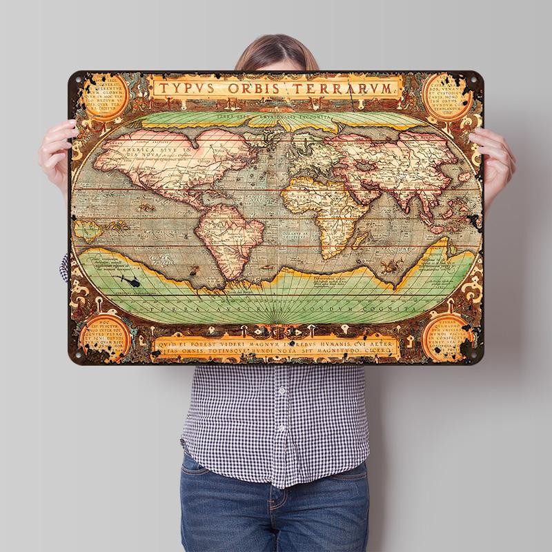 Old Map of the World Printed Poster Customized Retro Wall Art Vintage Metal Tin Signs for Home Gaming Room Decoration Garage