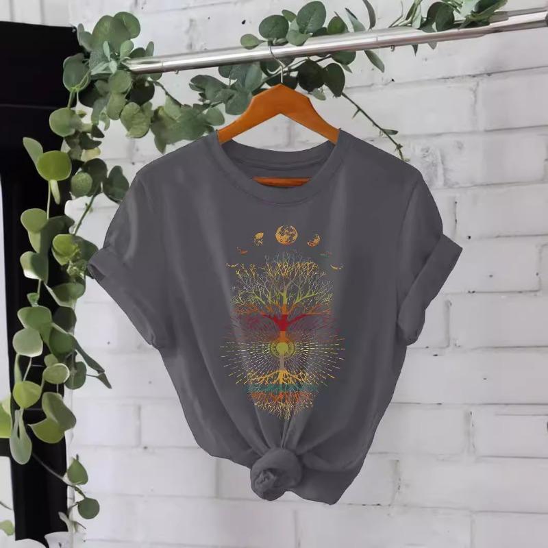 Футболка из чистого хлопка с круглым вырезом и принтом, летние футболки с короткими рукавами для женщин