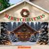 2D flat banner, 1 large Christmas garage background, pine forest cabin shooting background, Christmas tree
