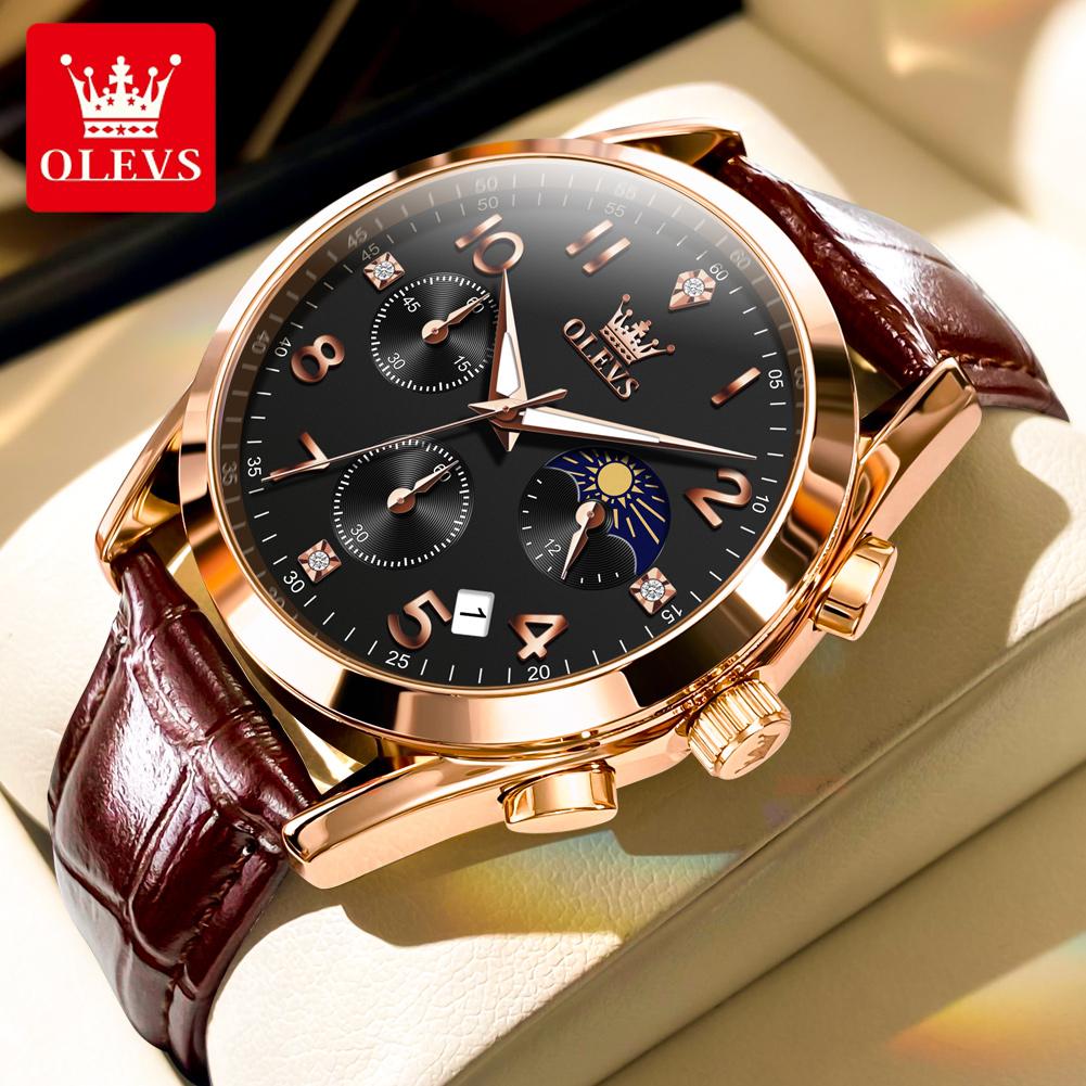 OLEVS 2890 Man Watch Moon Phase Chronograph Calendar Leather Strap Waterproof Sport Men's Watch Original Men's Quartz Wristwatch