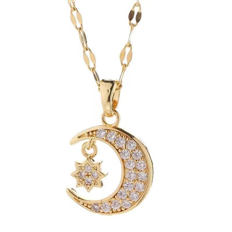 1 Pc Shiny Lip Chain Gold Moon Star Pendant Necklace Full Paved Zircon Dainty Celestial Clavicle Jewelry for Women Daily Wear