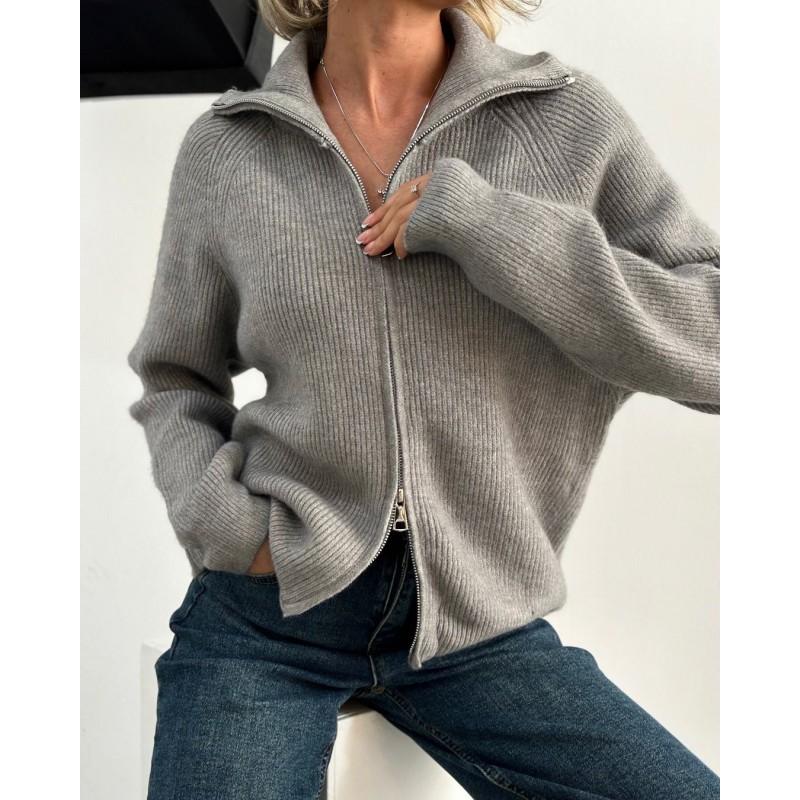 Womens Oversized Knit Cardigan With Double Zipper High Neck Long Sleeve Solid Color Winter Sweater