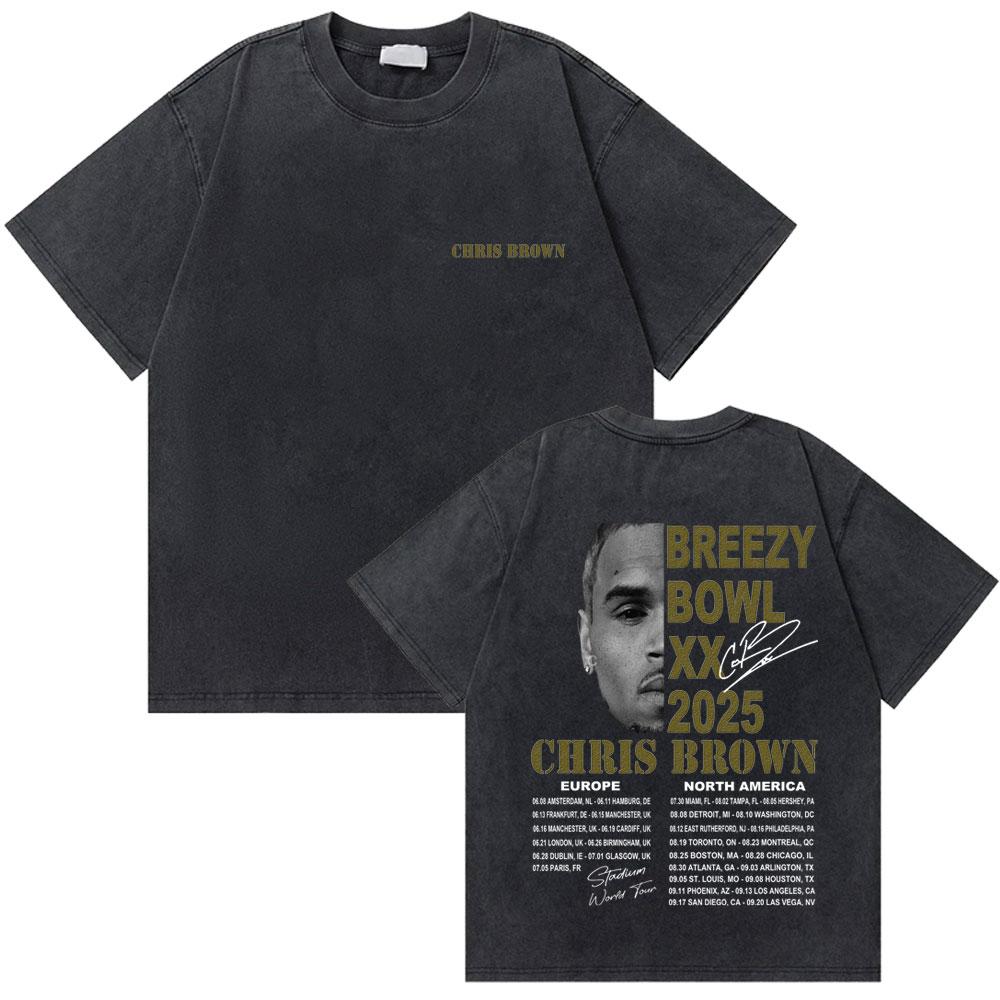 Стирка Рэпер Крис Браун Breezy Bowl XX Мировой Тур Футболки Мужчины Женщины Хип-Хоп Ретро Футболка Мужская Мода Тренд Уличная Мода