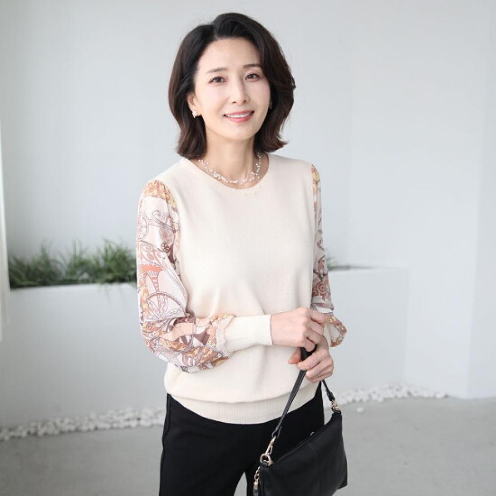 Shiz Madam Guest Look Combi Round Knit With Chiffon Sleeves T57261