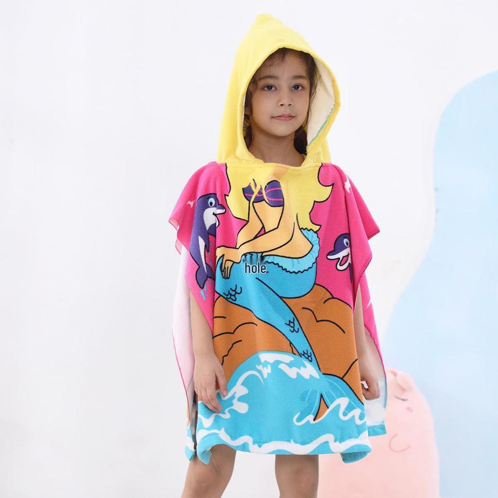 Ultra-Fine Fiber Cartoon Print Kids' Hooded Bath Towel Poncho