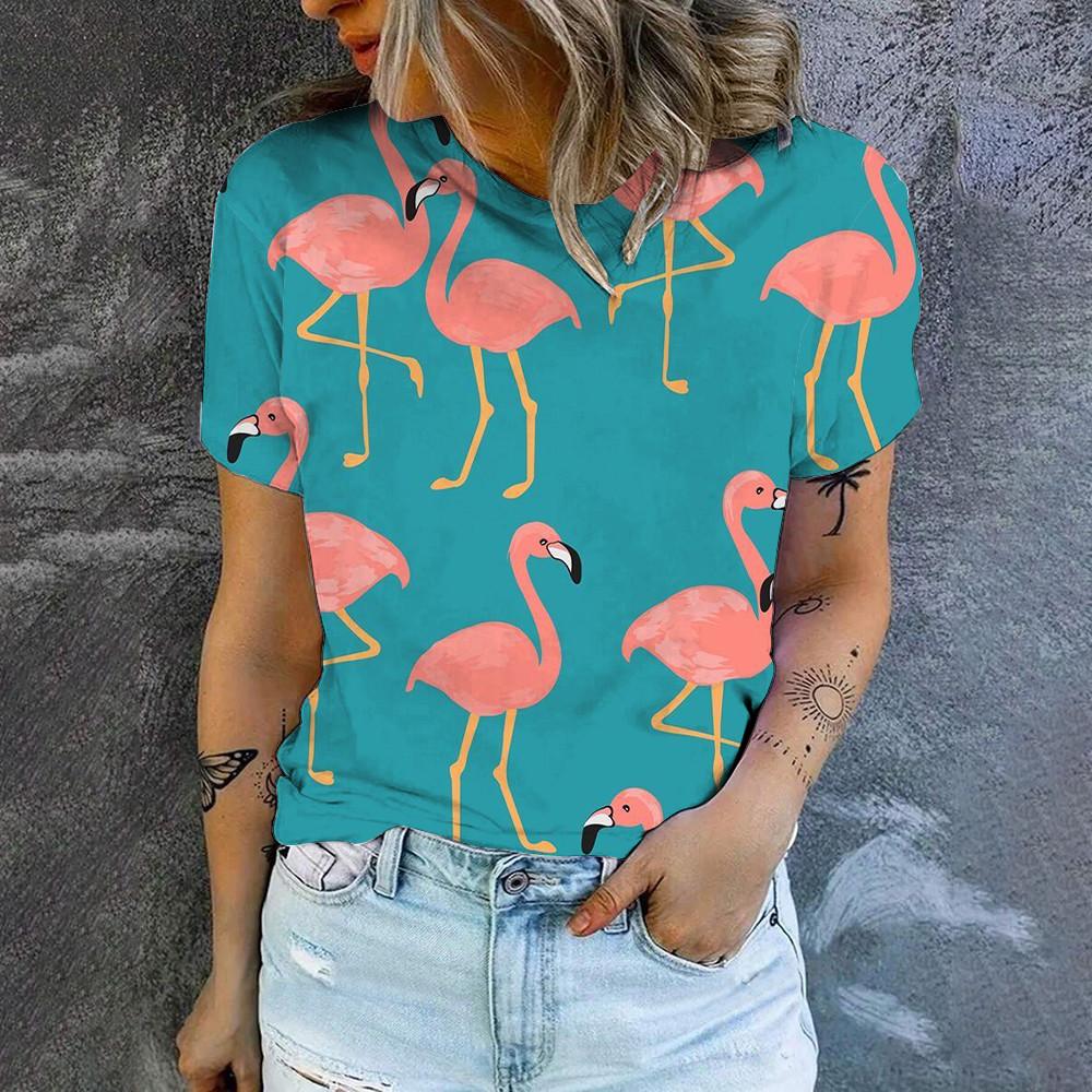 Высококачественная простая удобная футболка с круглым вырезом, летняя повседневная дышащая женская футболка, новая модная футболка с принтом фламинго