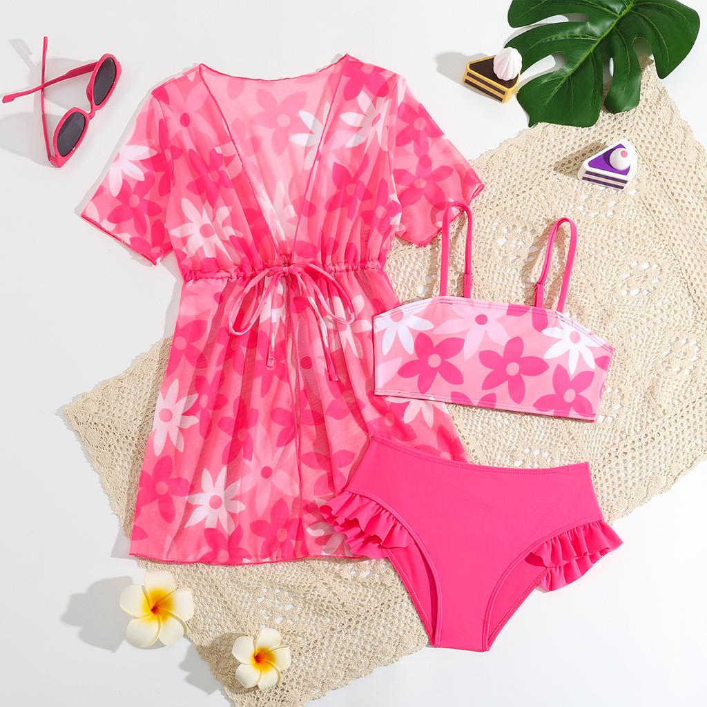 Модный комплект из 3 предметов для девочек, топ с цветочным принтом, однотонный купальник с короткими рукавами, купальный костюм