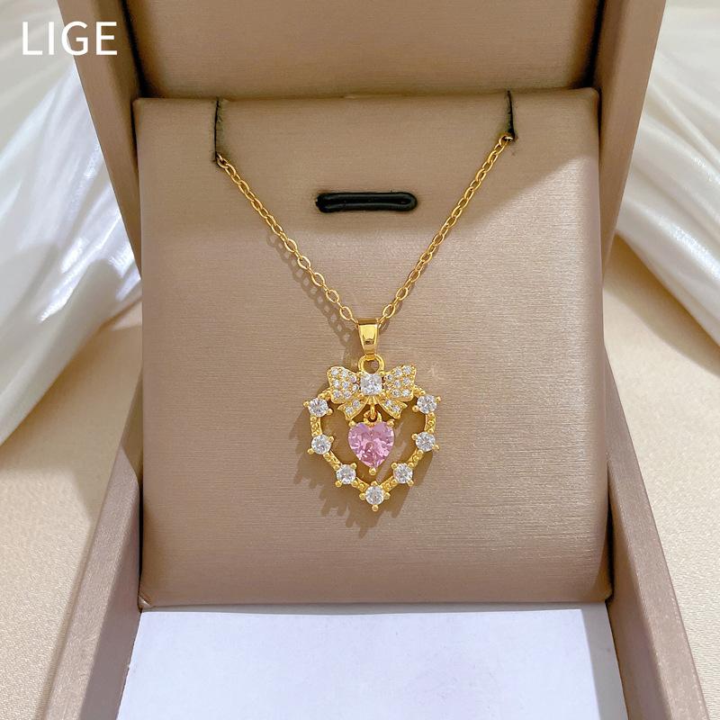 Bow Love Light Luxury Temperament Gorgeous Full Diamond Necklace Female Versatile Collarbone Chain Titanium Steel Chain