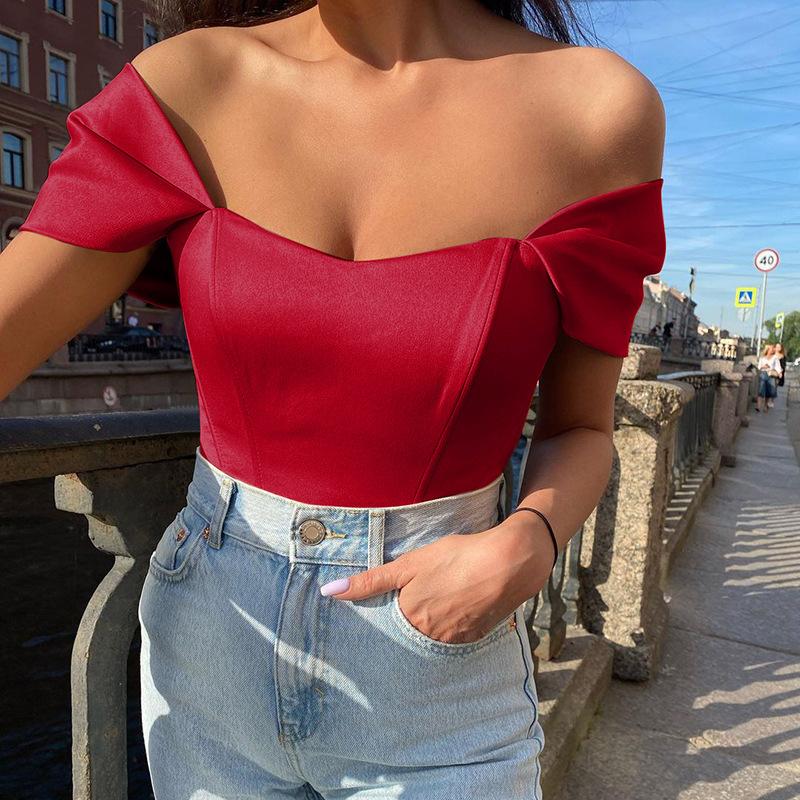DAFIFY Women's Fashion Casual Summer Spring Solid Color Print Short Sleeve One Shoulder Blouses & Shirts