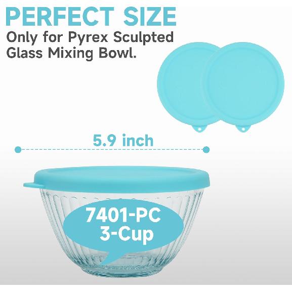2-Pack Silicone Lids for Pyrex Sculpted Glass Mixing Bowls - Small Sizes Only Fit with 7401-S 3-cup, Dishwasher & Microwave Safe, Blue (Lids Only)