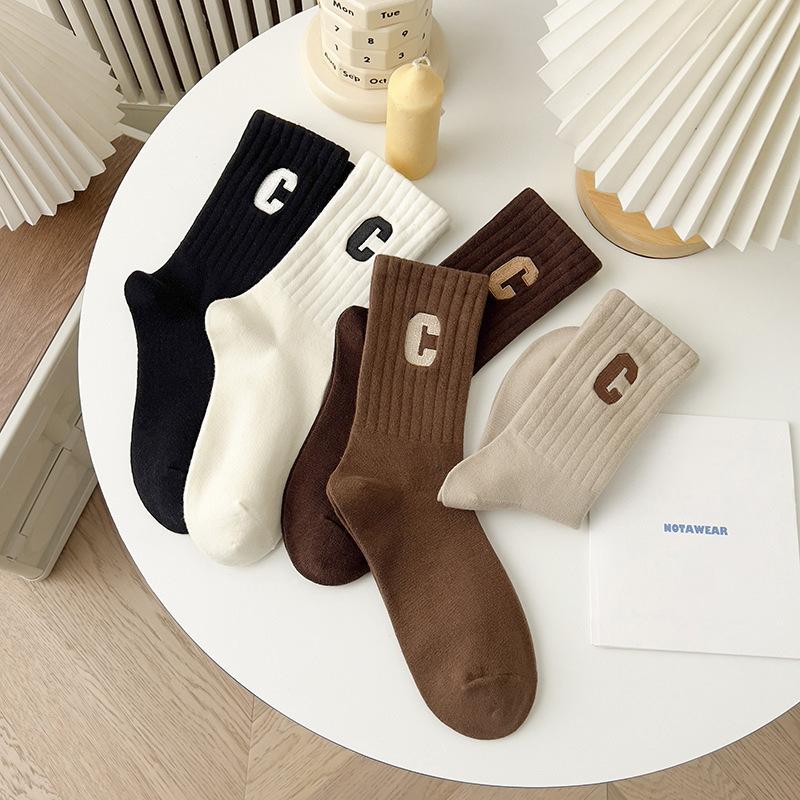 6 пар спортивных носков с большой буквой C, теплые цвета, универсальные, однотонные, в студенческом стиле