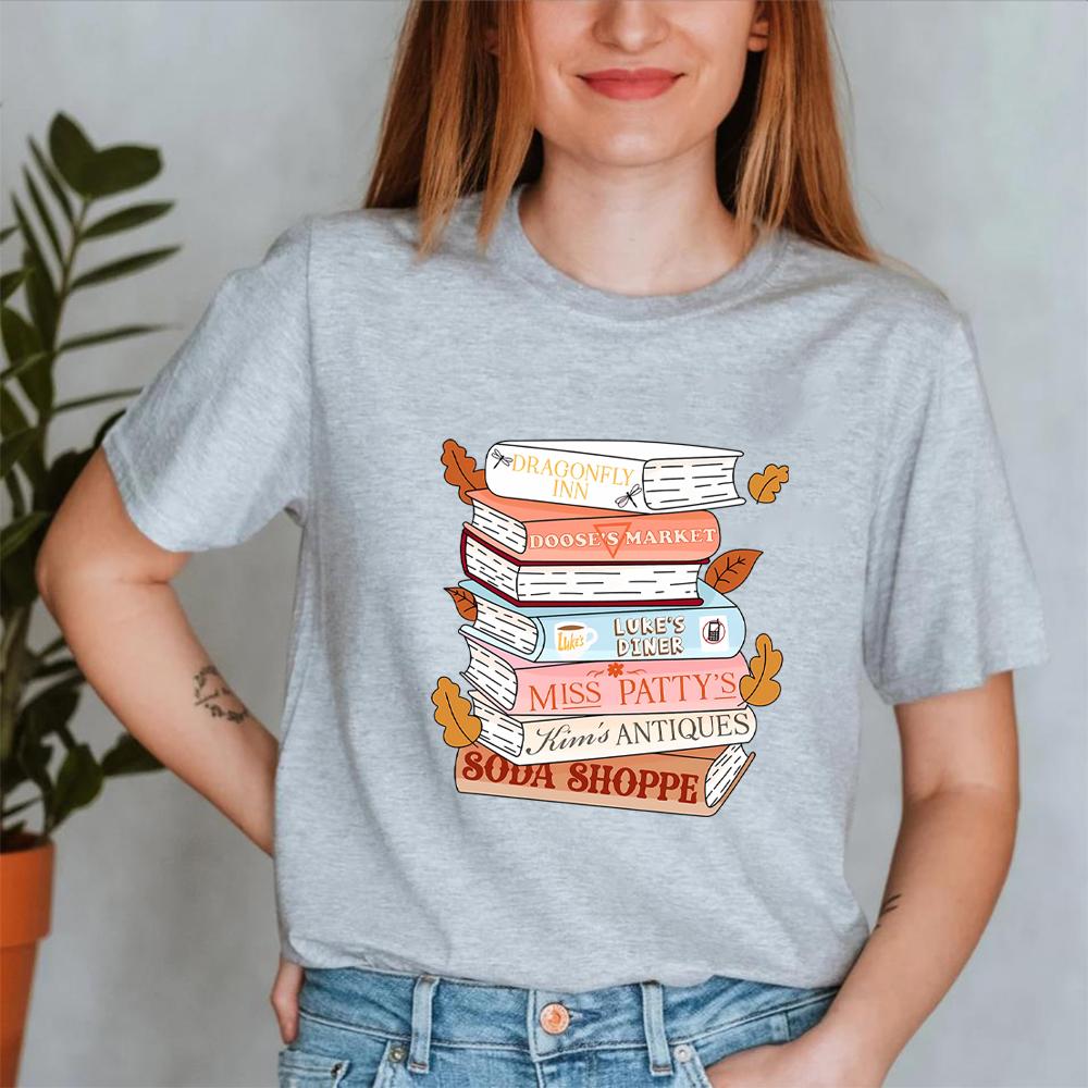 Fall Book Stack T-shirt Stars Hollow Girls Shirt Autumn Fall Season Shirts Tv Show Short Sleeves Top Bookish Gift