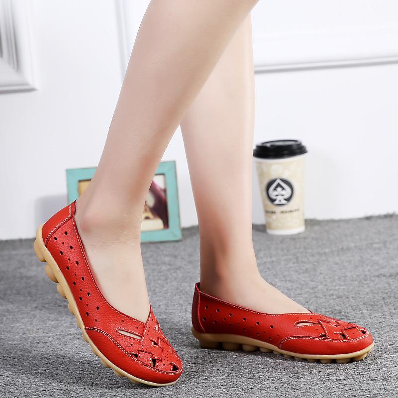 Women's Hollow Out PU Leather Shoes Breathable Shallow Mouth Loafers Casual Slip On Comfortable Walking Shoes