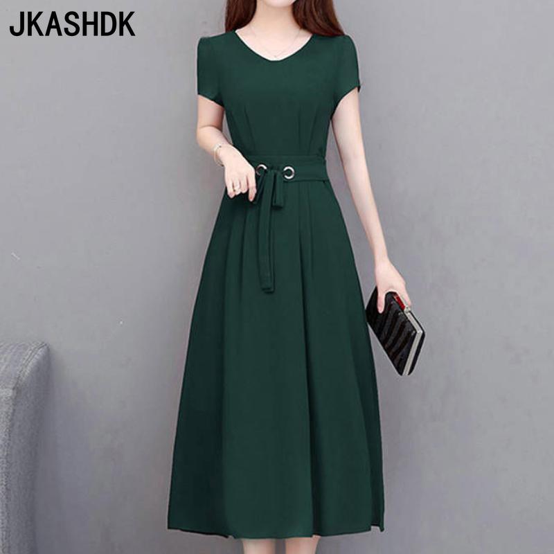 JKASHDK Women's Fashion Summer Spring Solid Color Print Short Sleeve O-Neck High Waist Casual Dresses