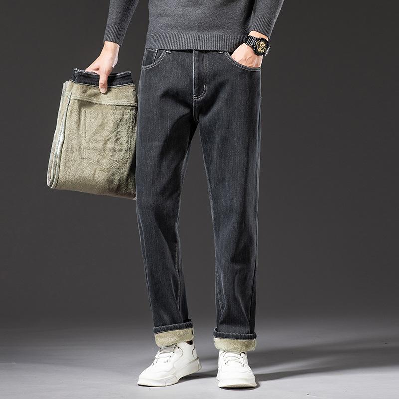 Зимние мужские плюшевые и толстые джинсы молодежные мужские деловые облегающие большие размеры прямые длинные брюки одежда
