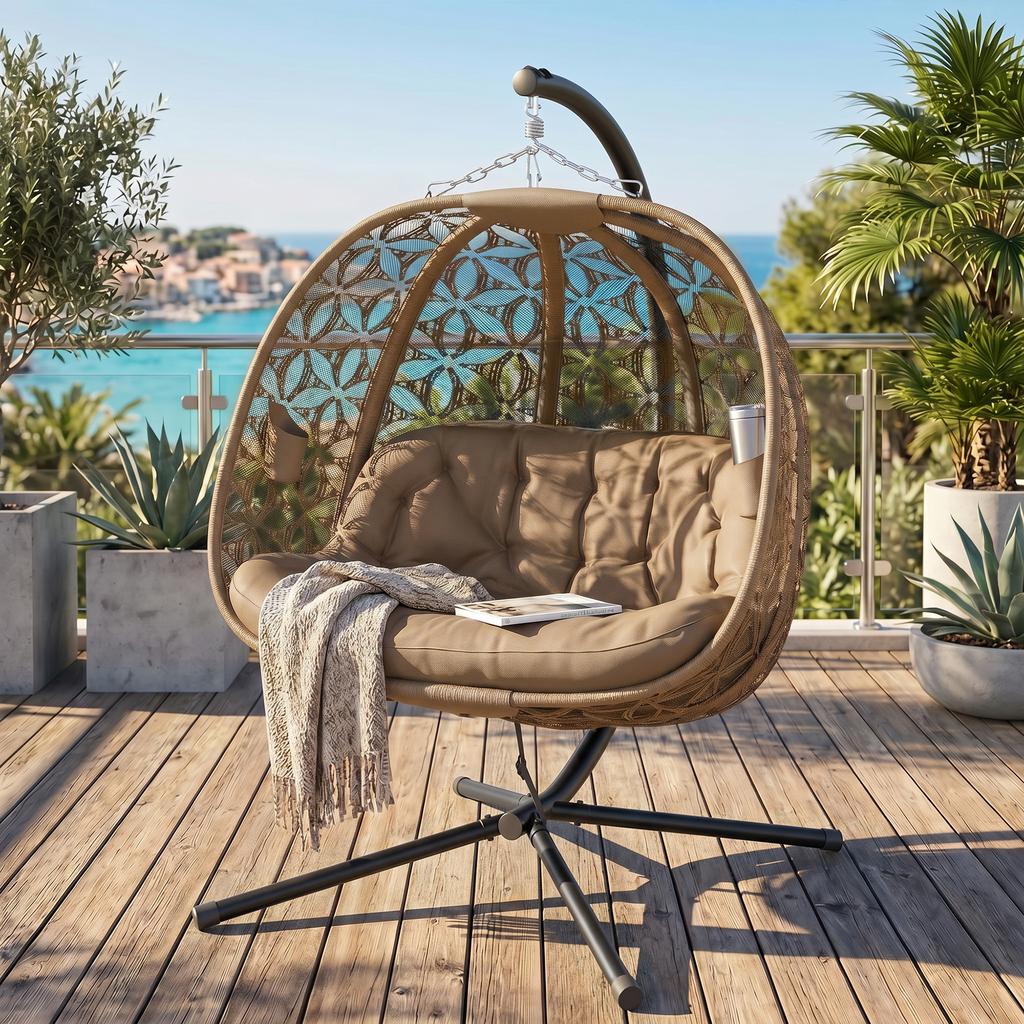 Outdoor Double Hanging Chair with Cushion and Cup Holders, Sand Brown