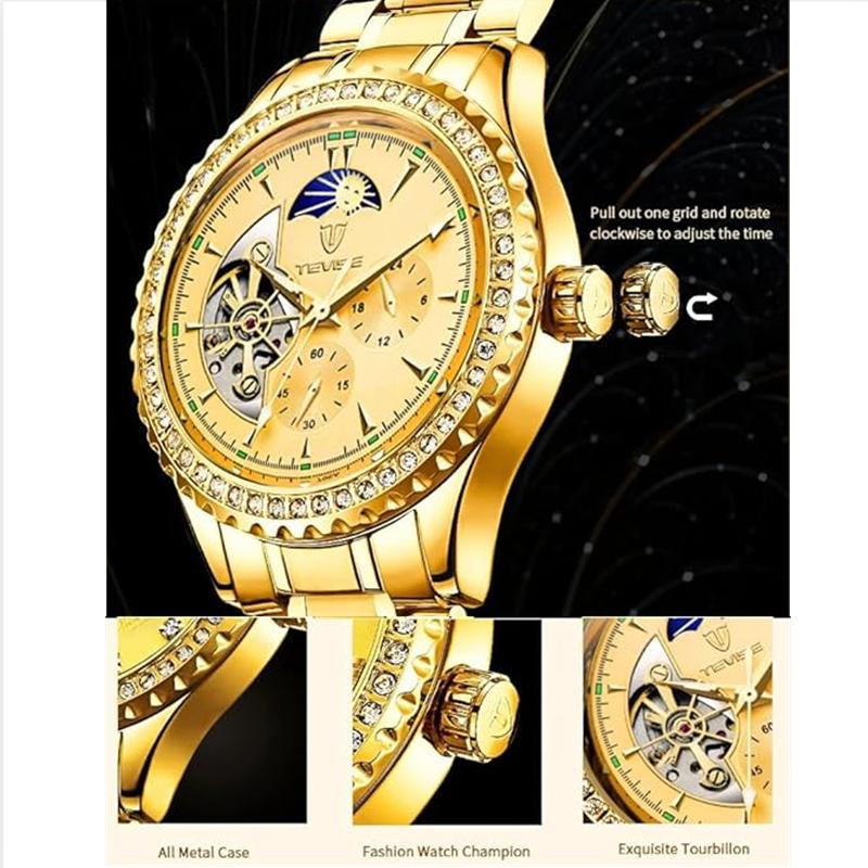 TEVISE Новые мужские механические часы с турбийоном, золотые часы с бриллиантами, деловые полностью автоматические механические часы, водонепроницаемые, светящиеся
