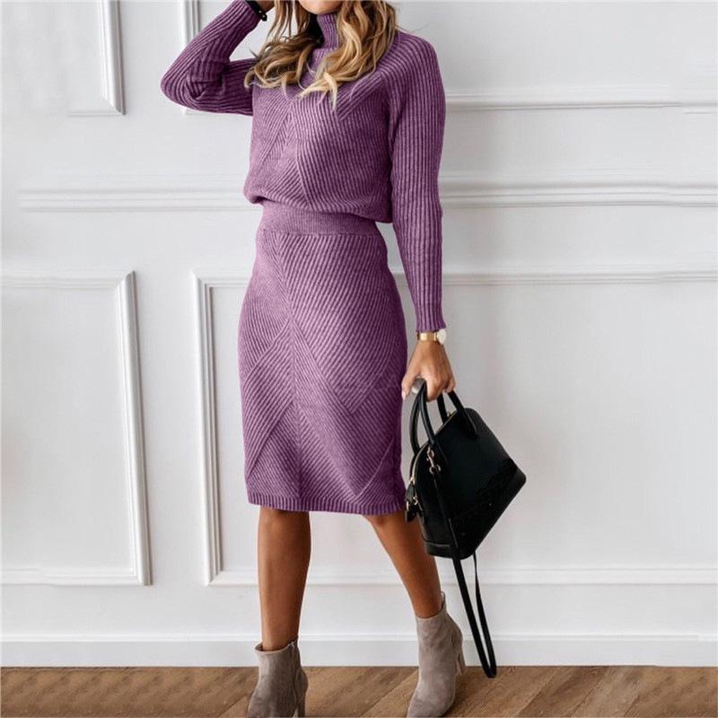 2024  Autumn and Winter New Women‘s European and American Turtleneck Knitted Solid Color Pullover Sweater Suit Skirt